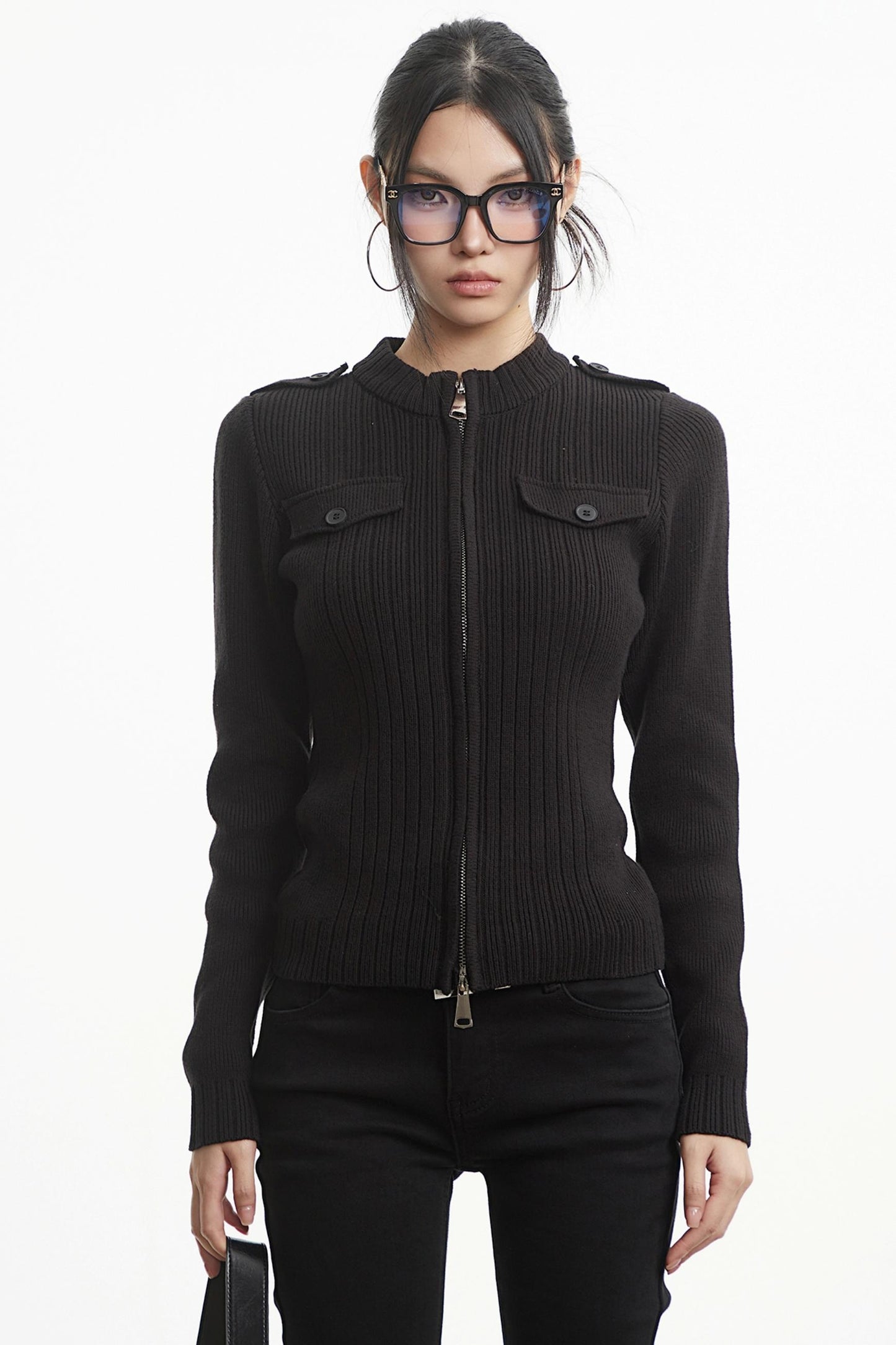 White Stand-Up Collar Knit Top