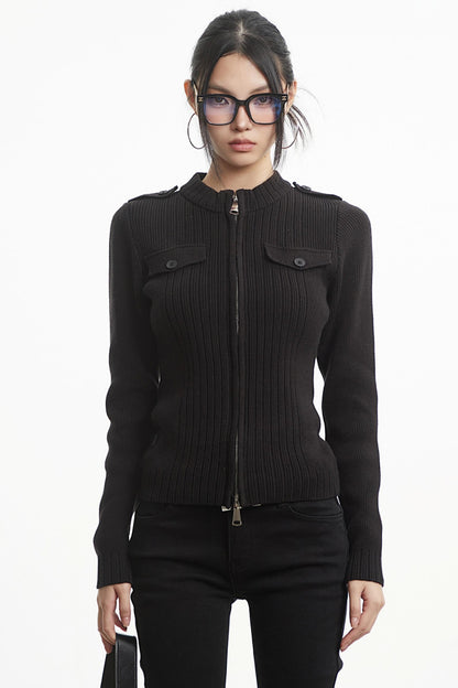 White Stand-Up Collar Knit Top