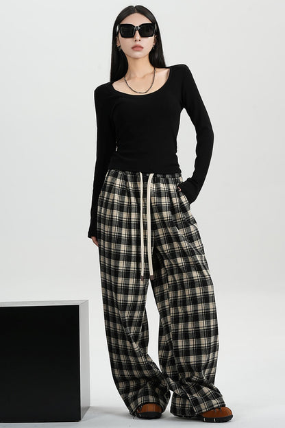 SRYSAME Plaid Casual Pants Elastic Waist Fall Winter Wide Leg Pants Trousers Women's Panties Padded Pants Sweatpants Women's Wear