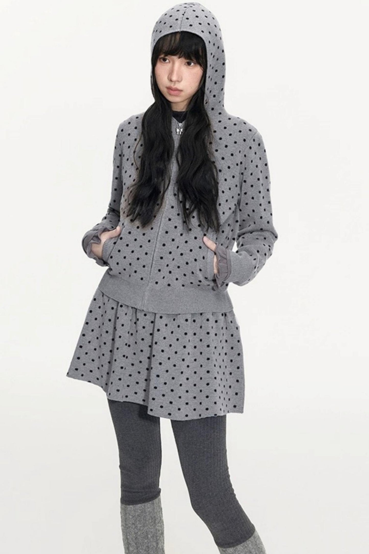 Polka Dot Hooded Knit Sweater Skirt Set-Up