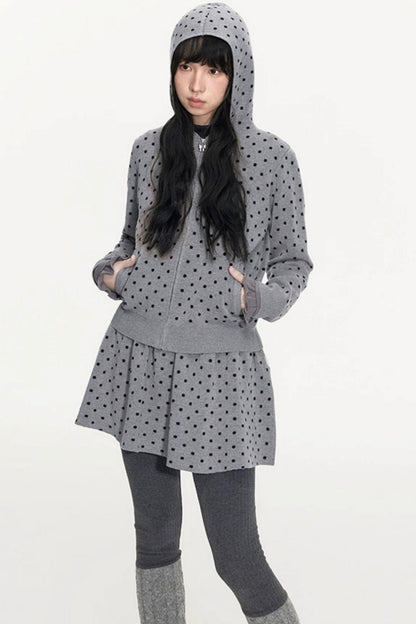 Polka Dot Hooded Knit Sweater Skirt Set-Up