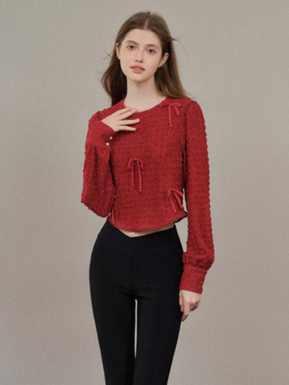 [8.7 20 Uhr neu] French Design Sense Langarm Schleife Rot Pendler Crew Neck Pullover stricken