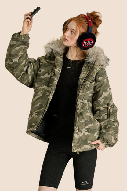 EZEK AMERIKANISCHEN RETRO-CAMOUFLAGE GROSSEN PELZKRAGEN MIT KAPUZE BAUMWOLLE JACKE BAUMWOLLE KLEIDUNG FRAUEN WINTER NEUE LOSE BAUMWOLLE JACKE JACKE FLUT