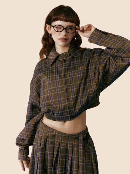 Retro Plaid Cropped Zipper Set