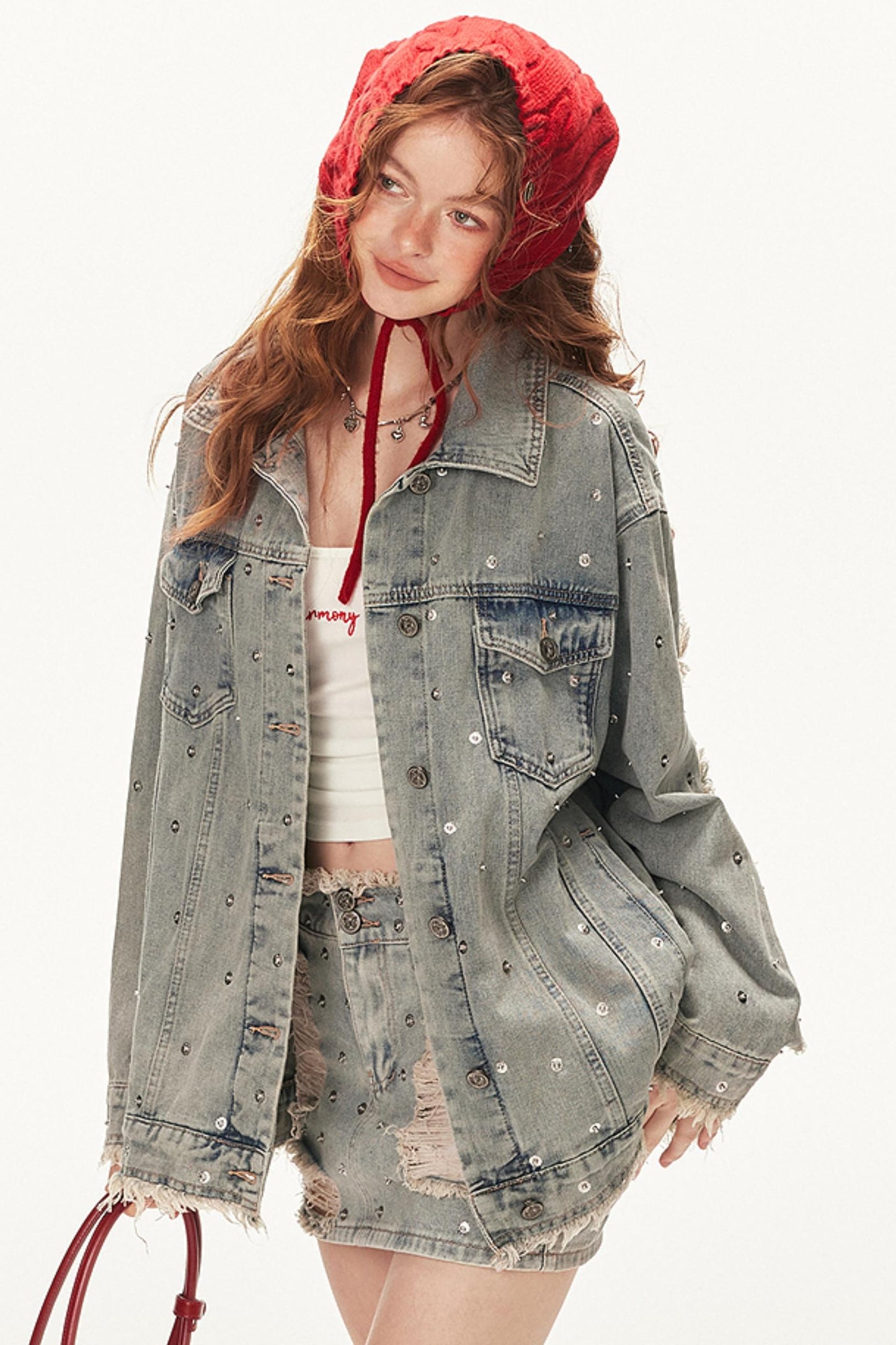 Denim Studded Jacket With Short Skirt Set-Up