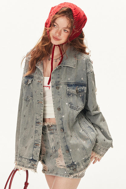 Denim Studded Jacket With Short Skirt Set-Up