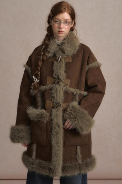 Integrated Fur Collar Horn Button Jacket