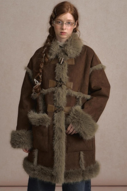 Integrated Fur Collar Horn Button Jacket