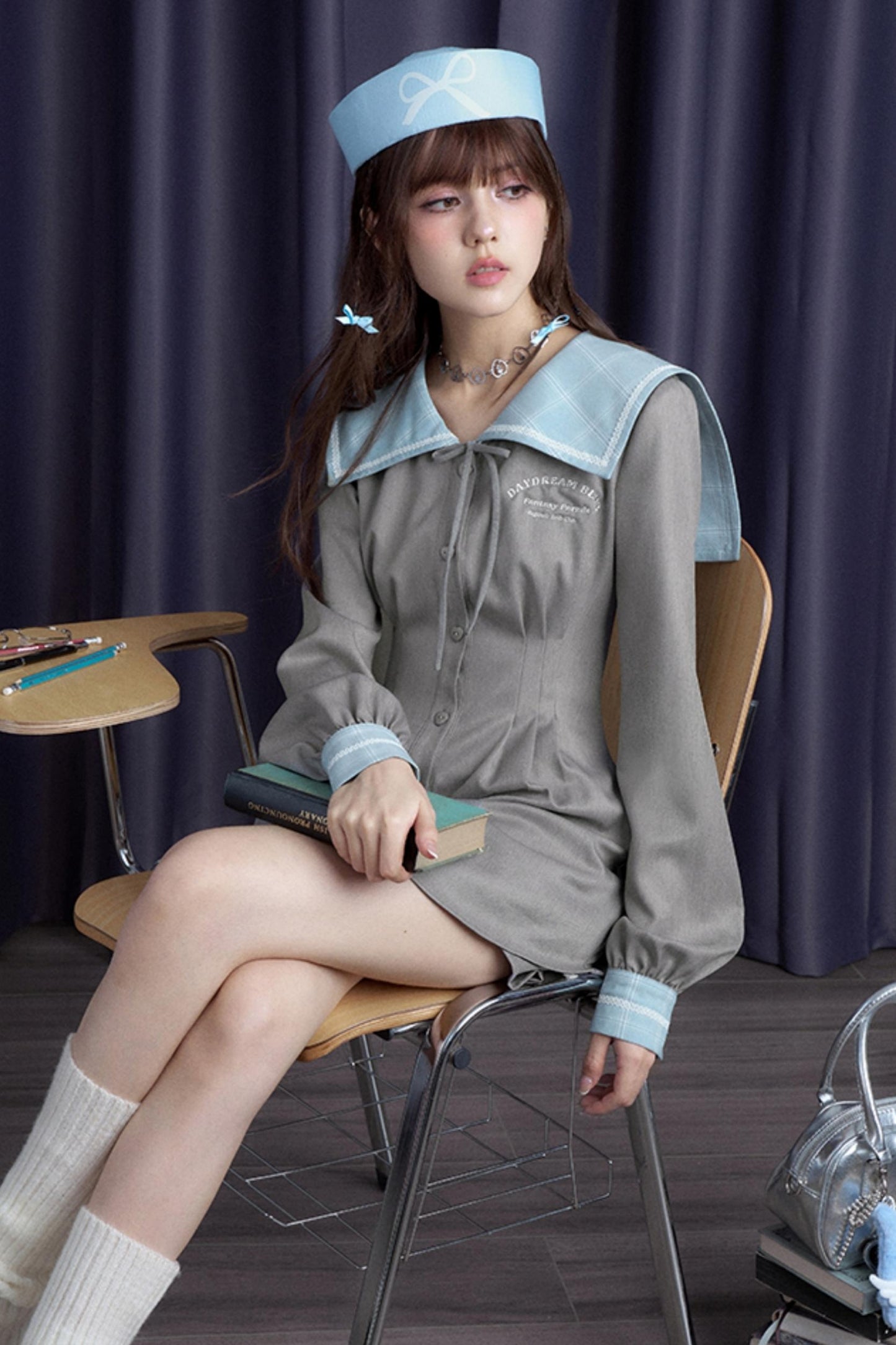 Grey Blue Sailor Collar Shorts Set