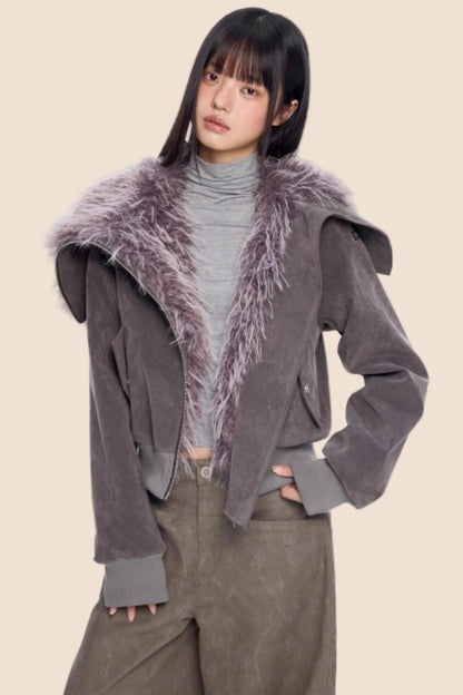 Faux Suede Fur Collar Coat