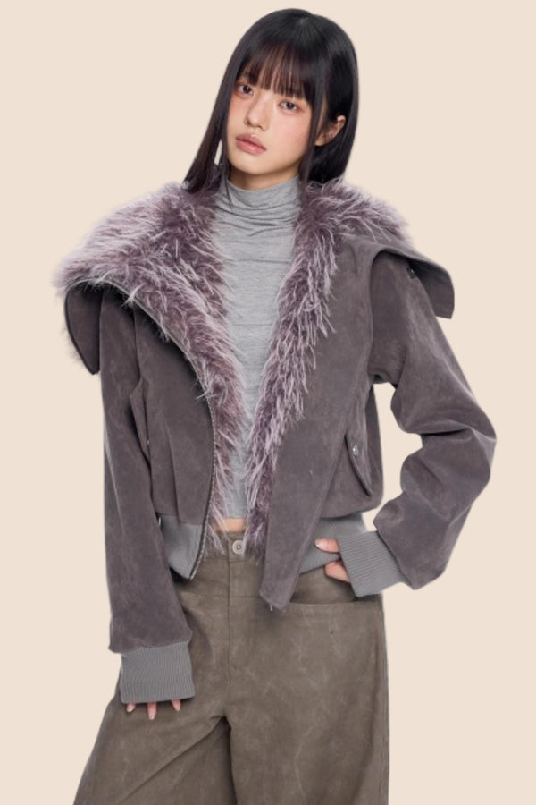 Faux Suede Fur Collar Coat