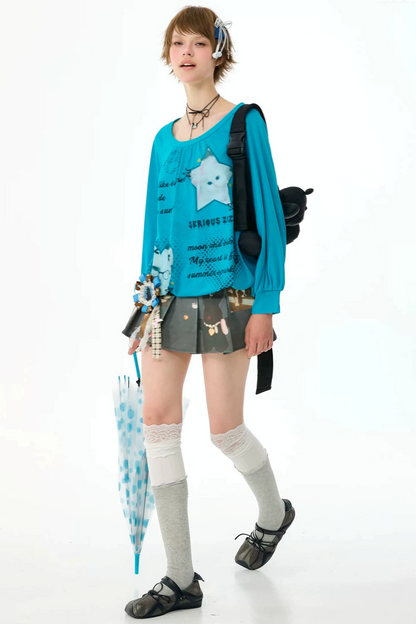 Cat Print Lantern Sleeve T-Shirt