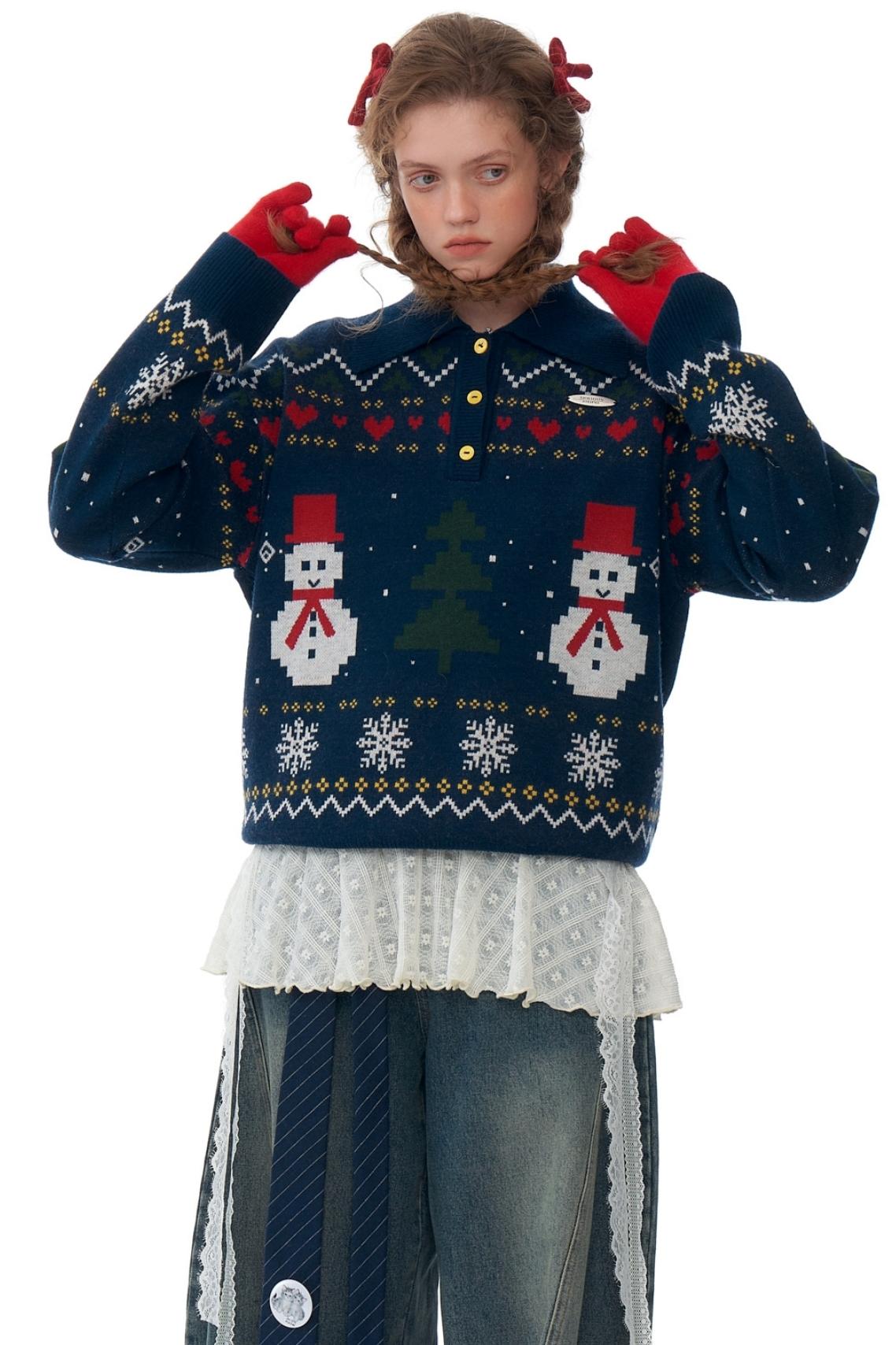 Retro Snowman Dark Blue Sweater