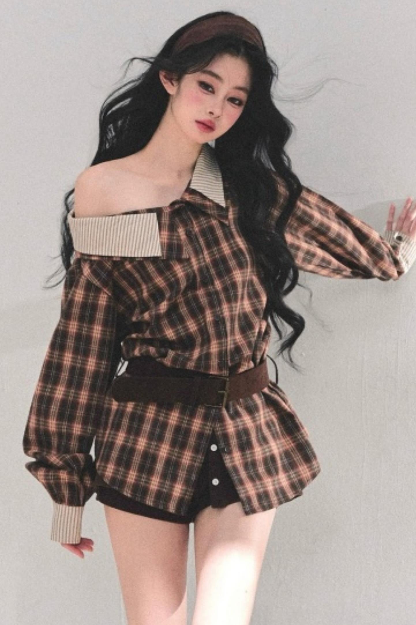 Off-Shoulder Plaid Shirt
