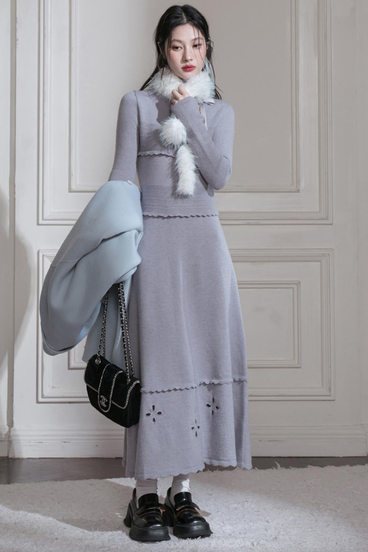 Cream Gray Lace Wool Dress