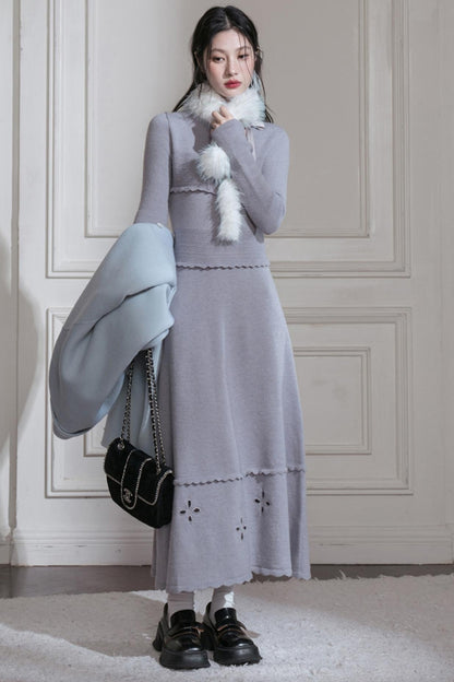 Cream Gray Lace Wool Dress