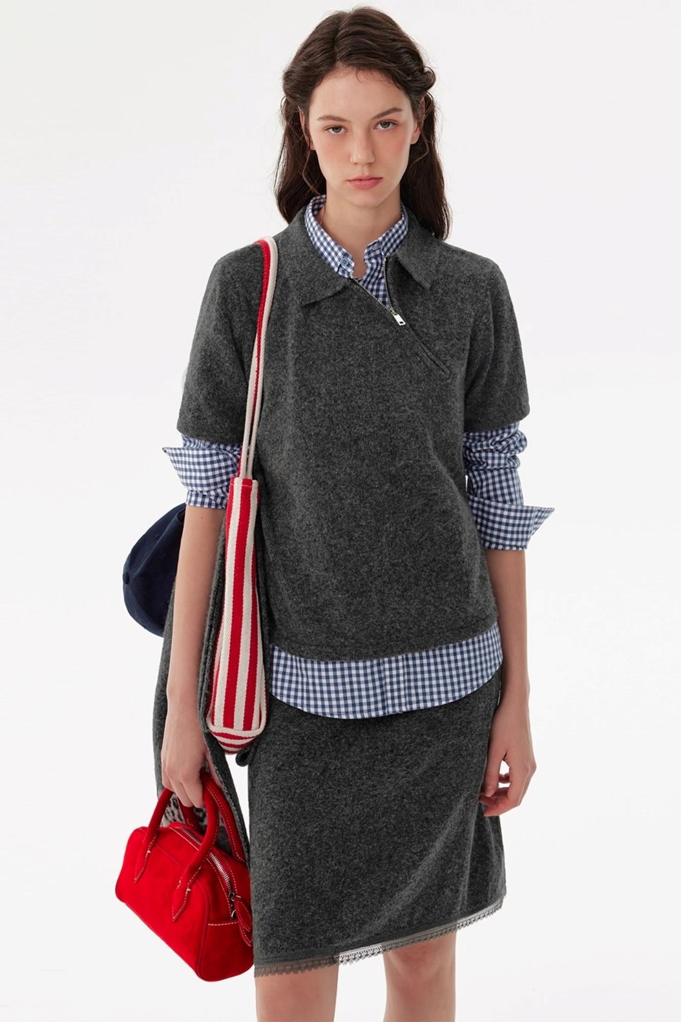 Diagonal Zip Knit Short Sleeve Suit Set-Up