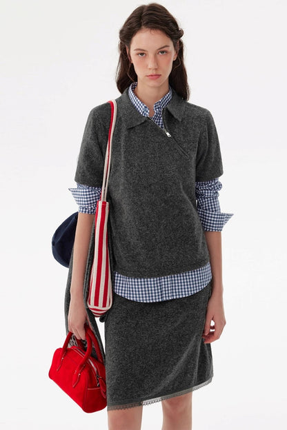 Diagonal Zip Knit Short Sleeve Suit Set-Up