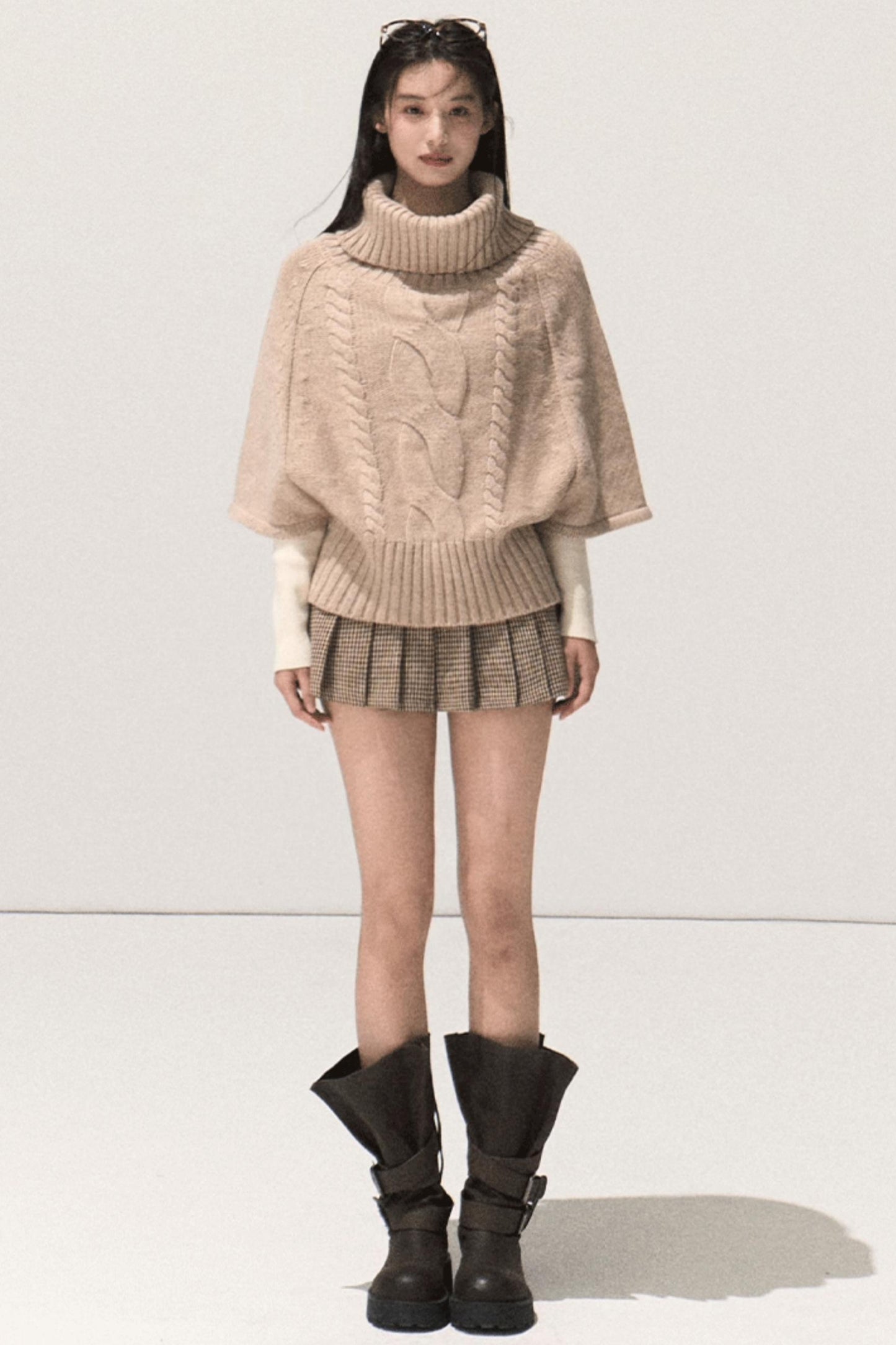 Wool Twist Knit Cape Sweater Top Skirt Set-Up