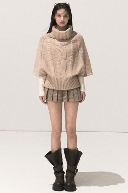 Wool Twist Knit Cape Sweater Top Skirt Set-Up