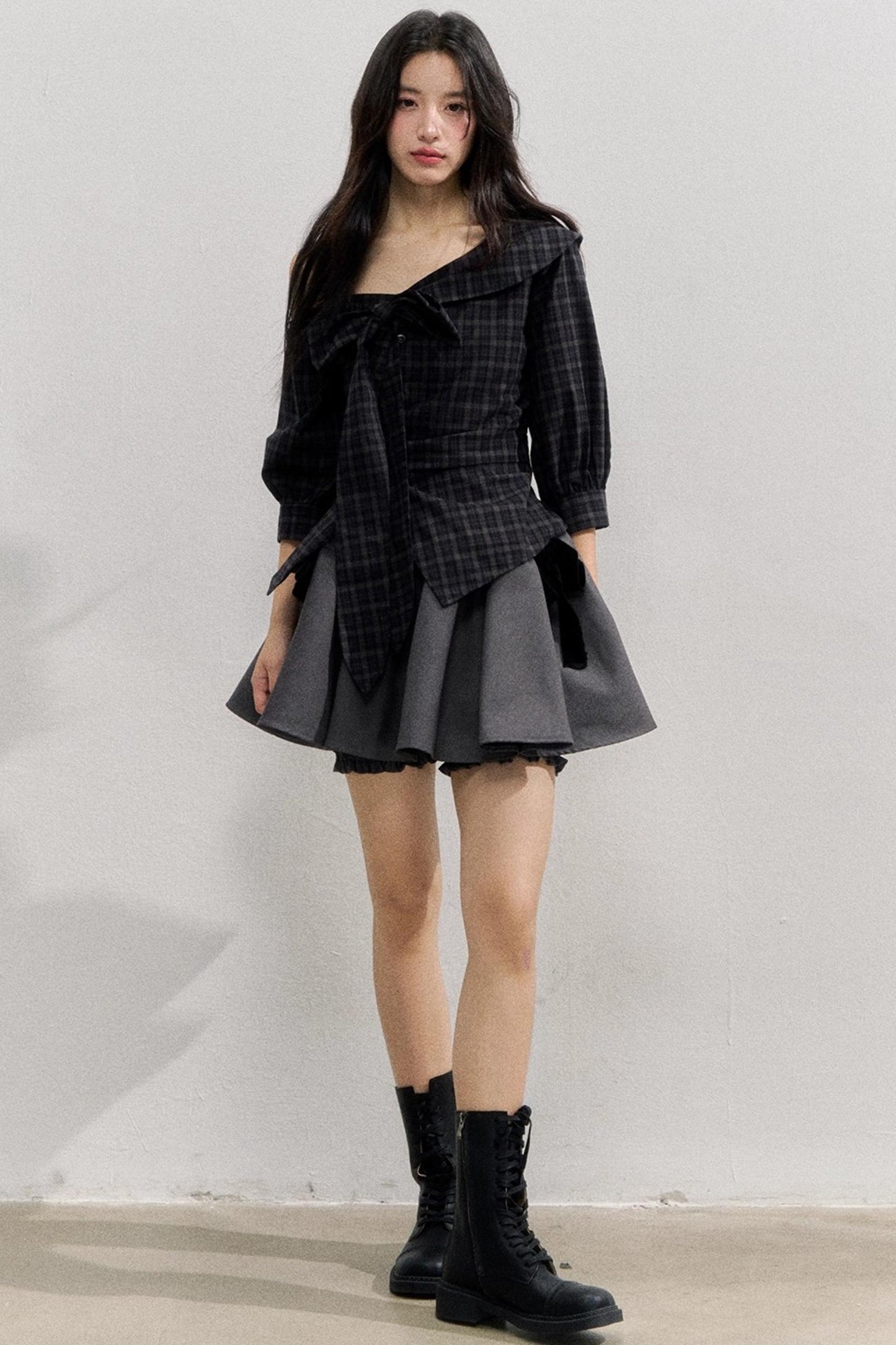 Plaid Bow One-Shoulder Waist Shirt