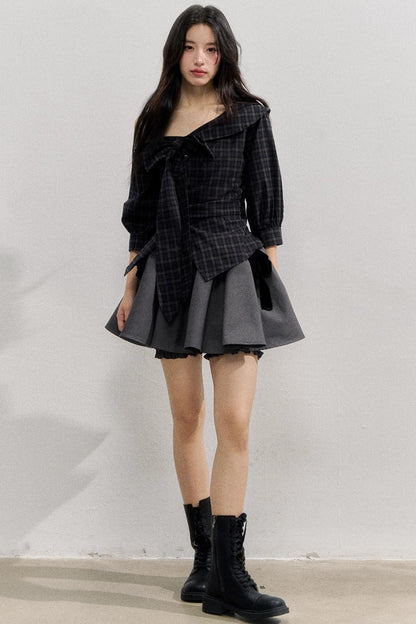 Plaid Bow One-Shoulder Waist Shirt