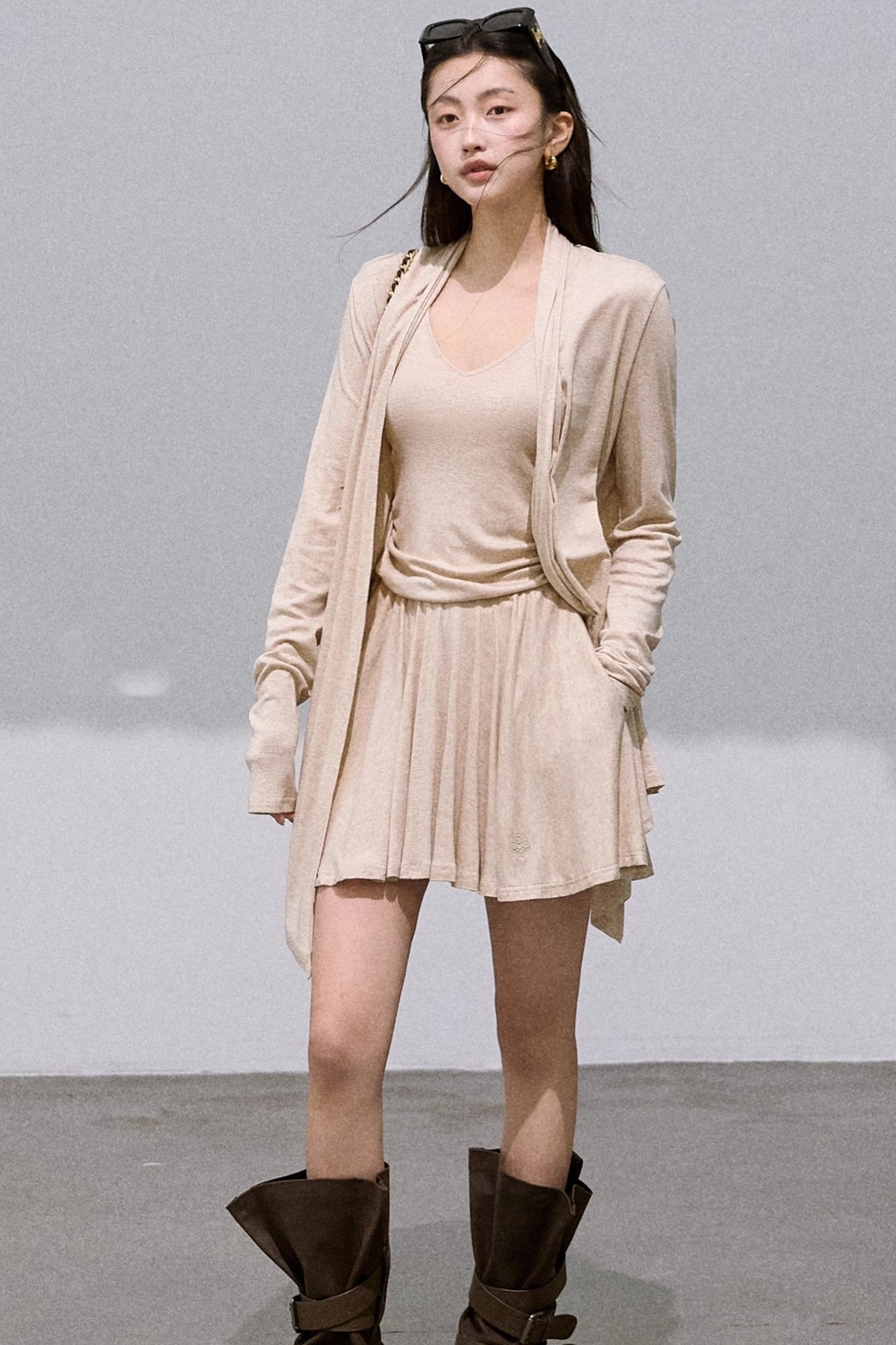 Tencel Knit Cardigan V-Neck Dress Set-Up