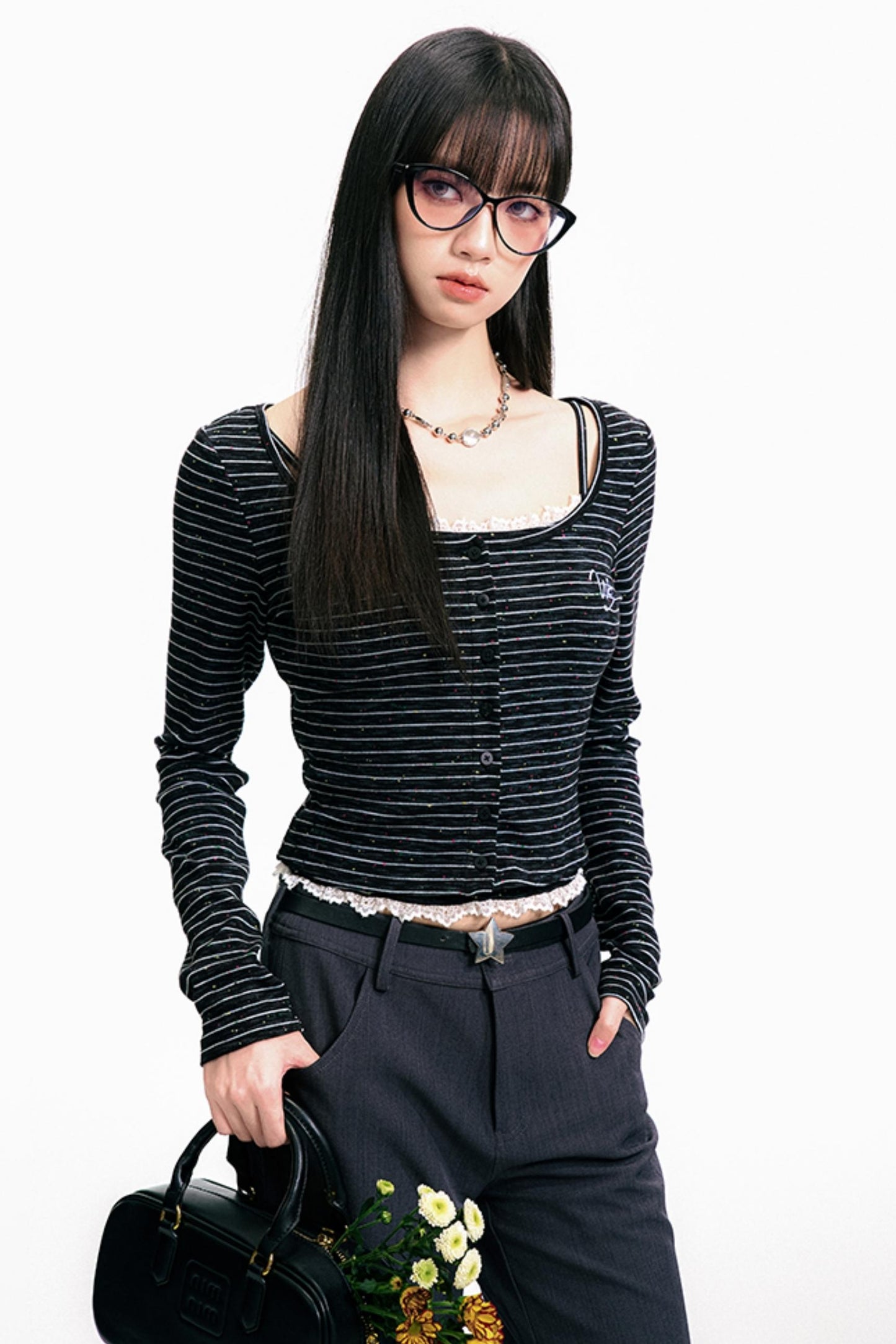 Monochrome Pinstripe Camisole Cardigan Set