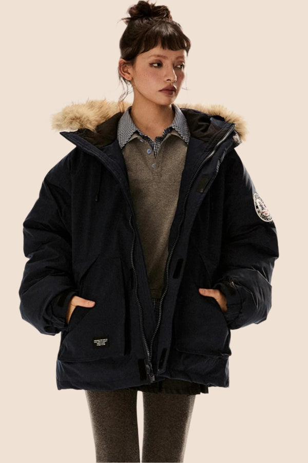 Vintage Pelzkragen Kapuzenjacke 