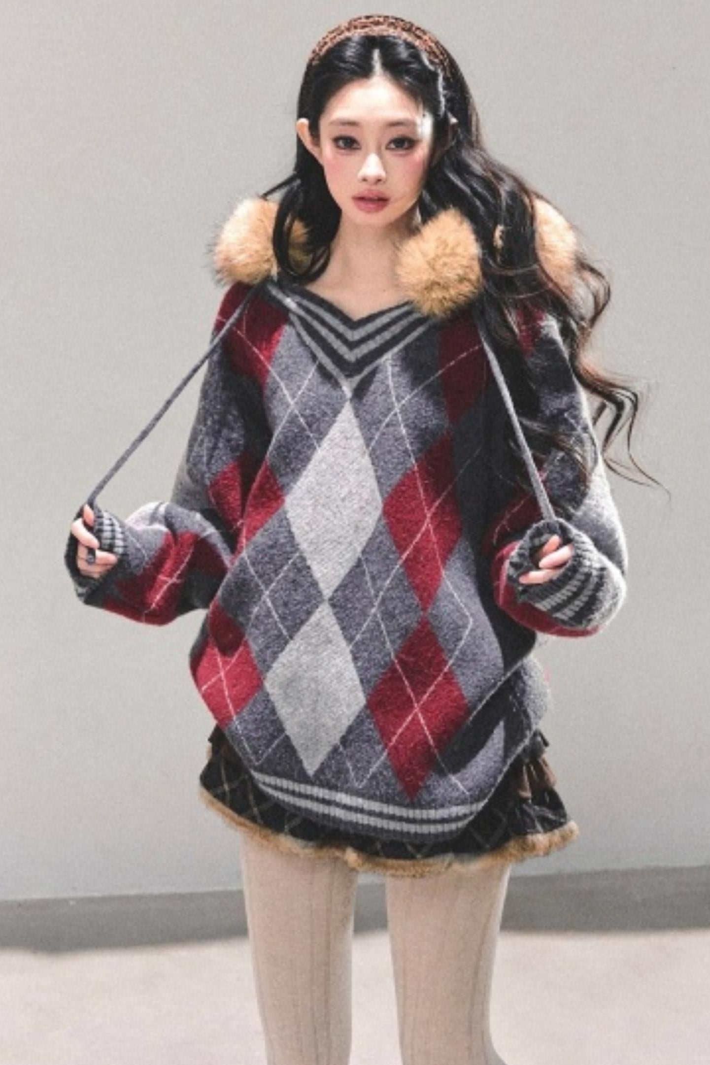 American College Style Fur Collar Sweater