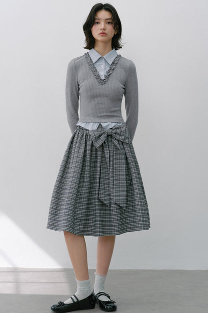 Gray Knit Patchwork Vertical Striped Fungus Edge Top