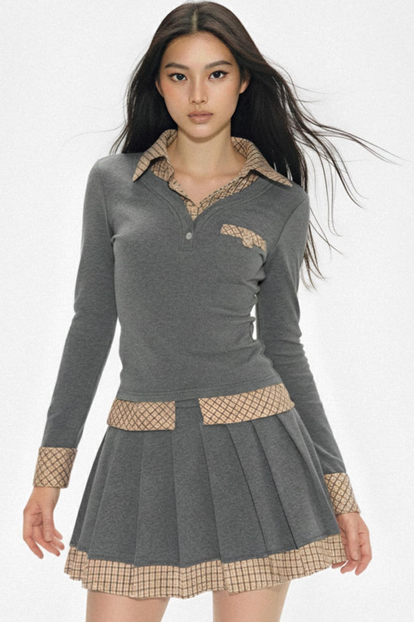 Layered Knit Top and Pleated Skirt Set-Up