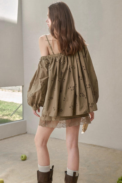 Embroidery Elegant Slanted Shoulder Skirt Set-Up