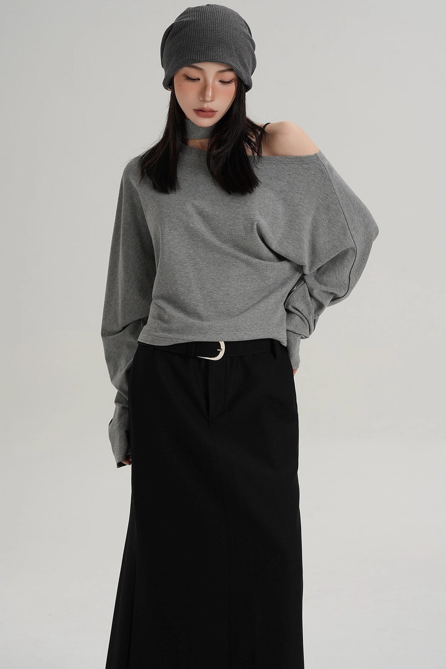 Halterneck Slanted Shoulder Long Sleeve Top