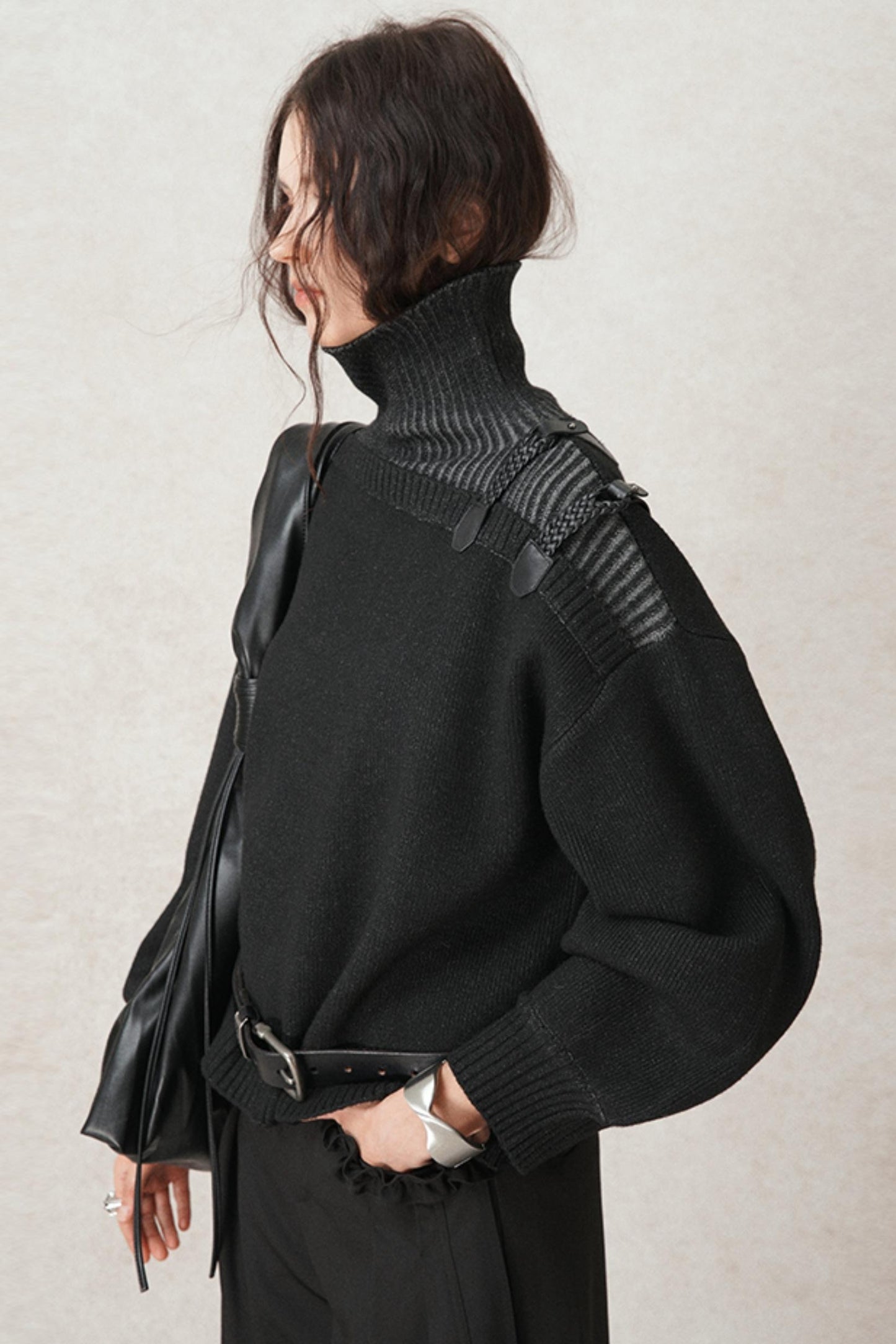 Hand-Woven Leather Loop Sweater