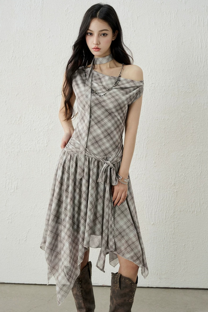 Plaid Irregular-Hem Dress