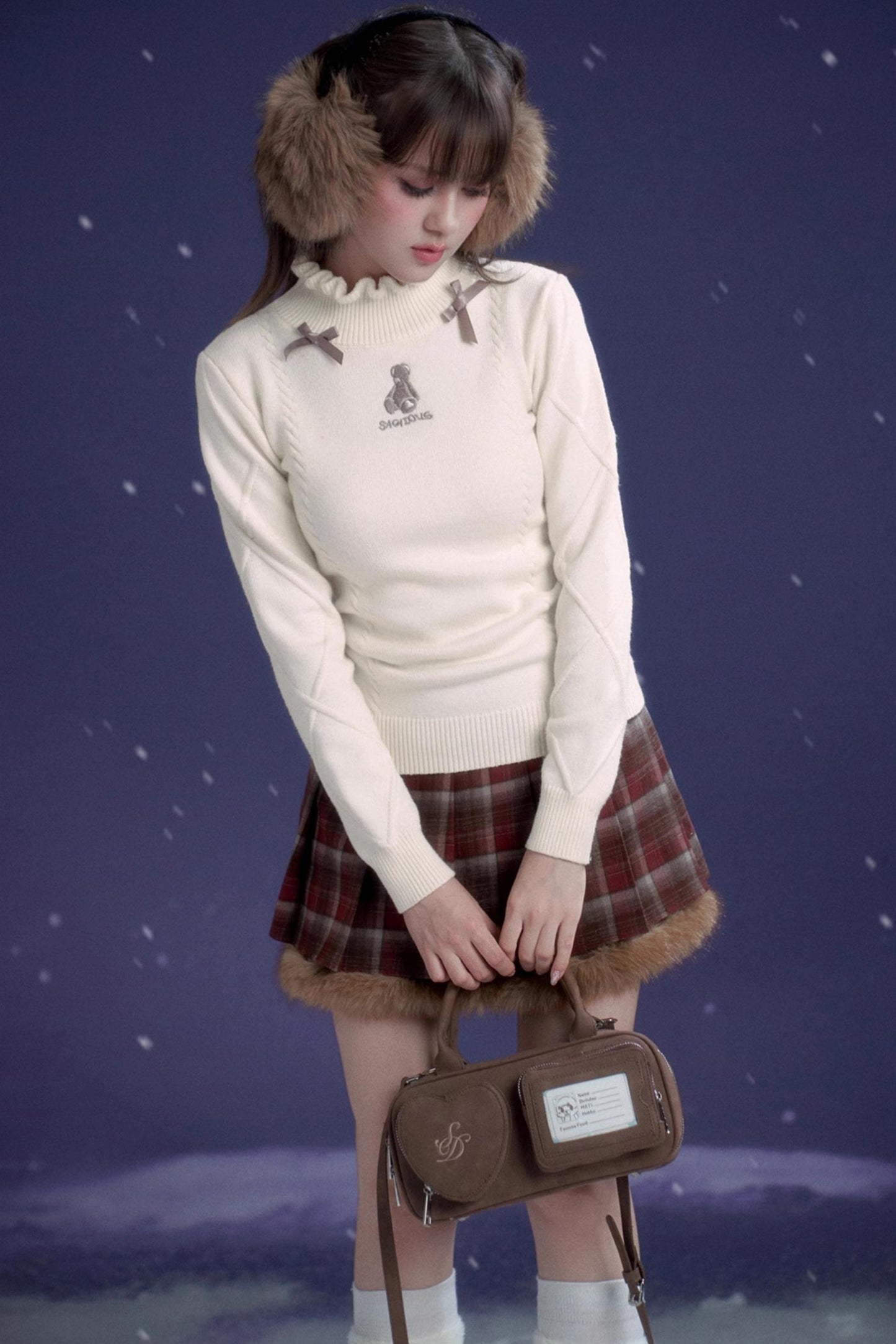 Red-Brown Plaid Skirt Coat Set-Up