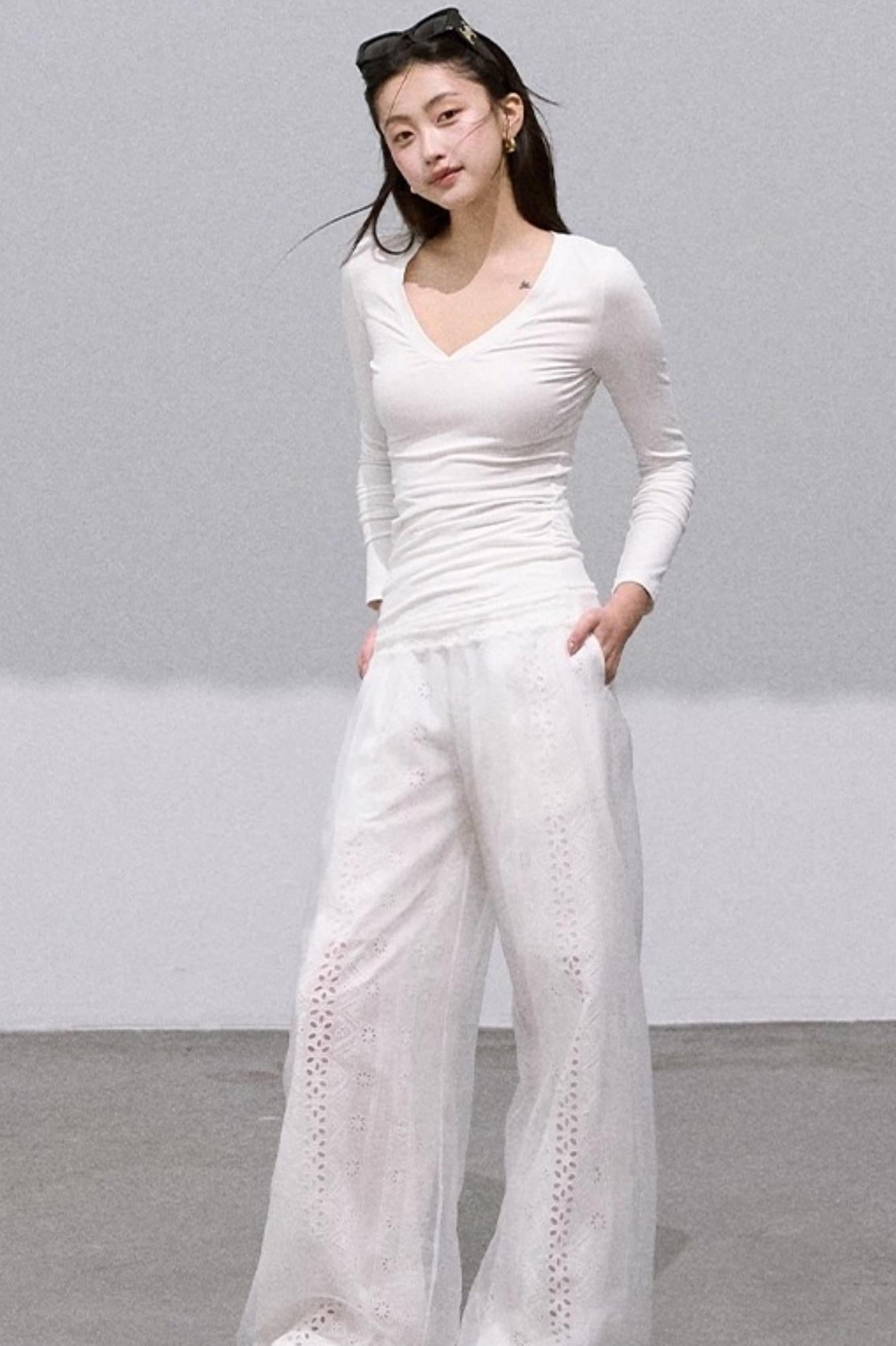 Shimmer Cotton High Waist Wide-Leg Pants