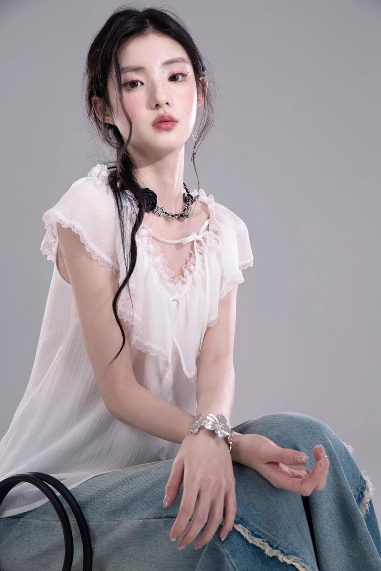 Sea Lace V-Neck Chiffon Top