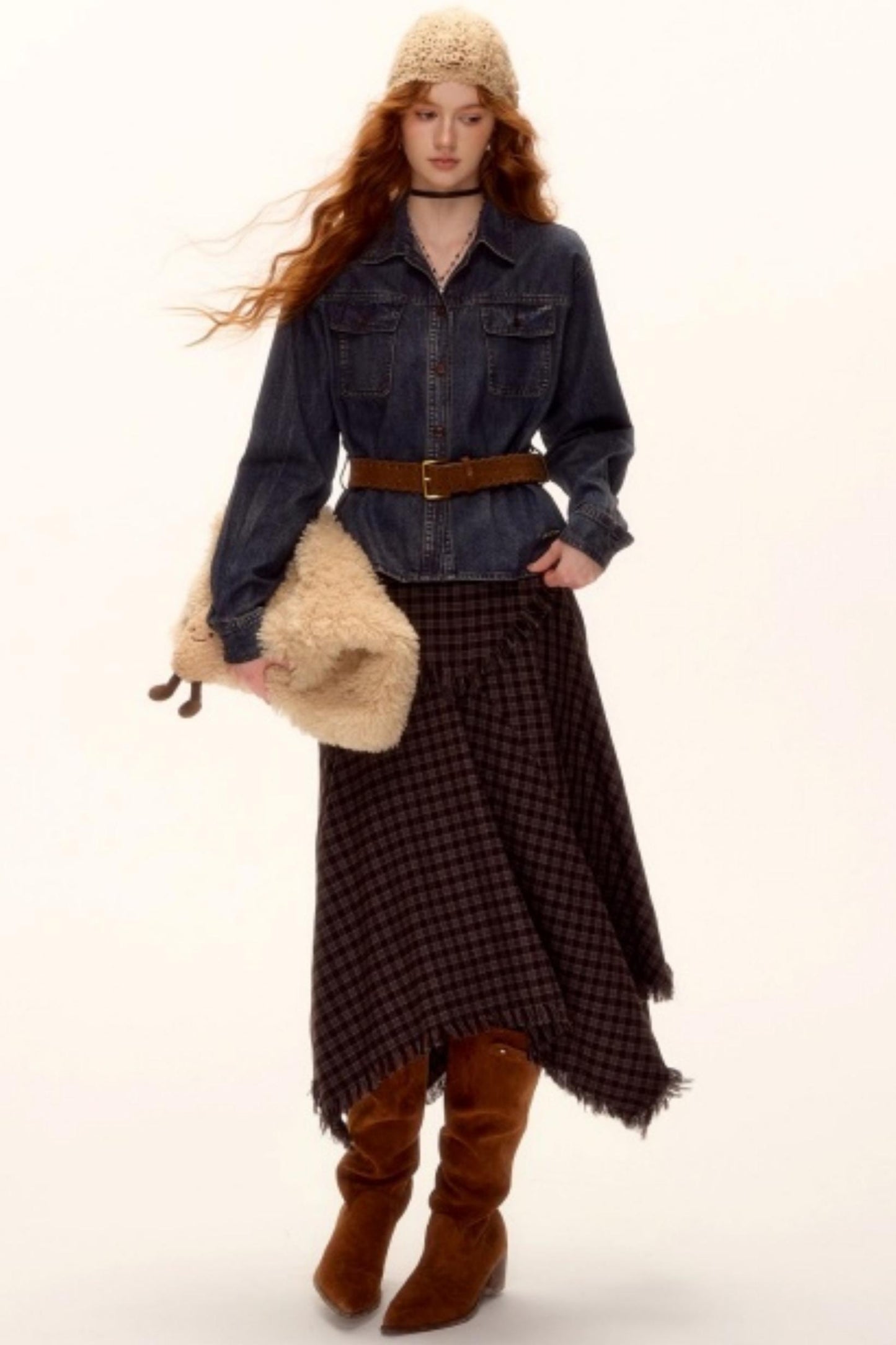 Frayed Hem Plaid Midi Skirt Belt Set