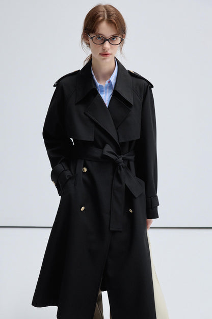 VEGA CHANG Schwarzer Trenchcoat Damen Frühling-Herbst 2024 Neue klassische doppelreihige lange Jacke im britischen Stil