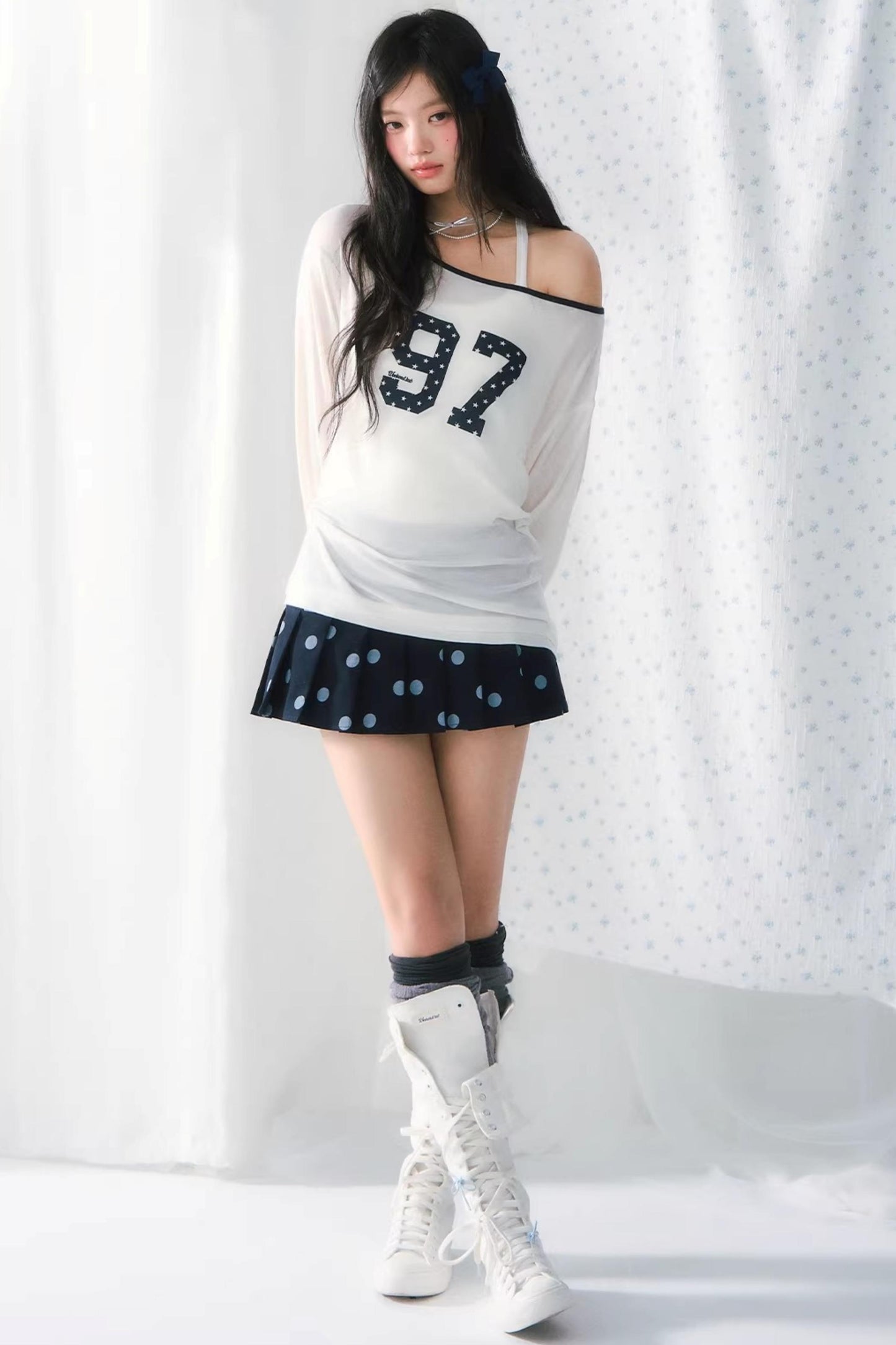 Off-Shoulder Digital Print T-Shirt