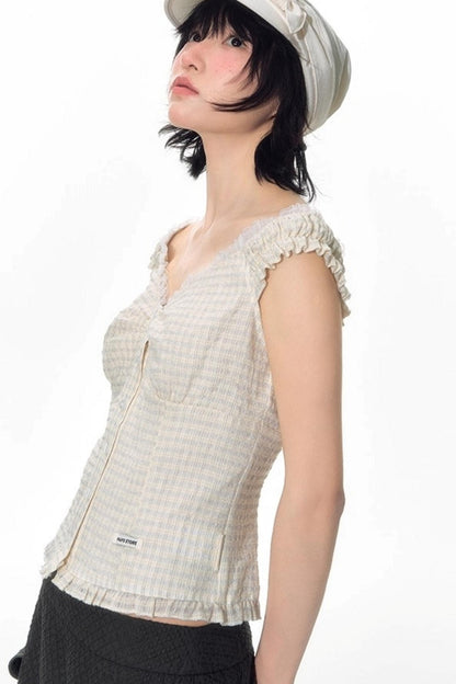 Checked Sleeveless One-Shoulder Shirt Set-Up