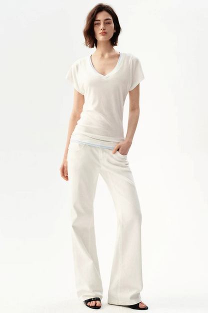 Minimalist Colorblock Deep V-Neck Wool Blend T-Shirt