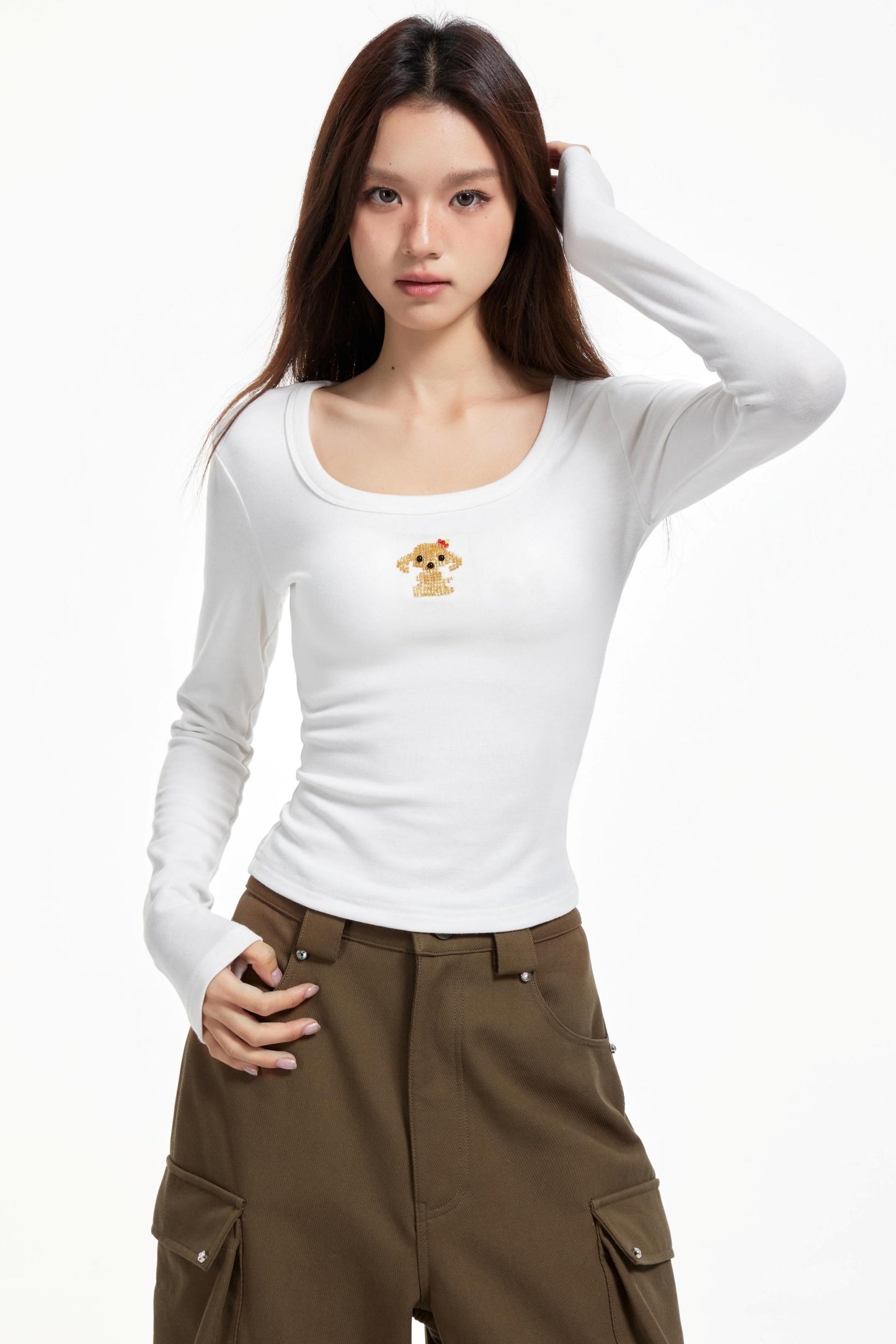 Slimming Square Neck Long Sleeve T-shirt