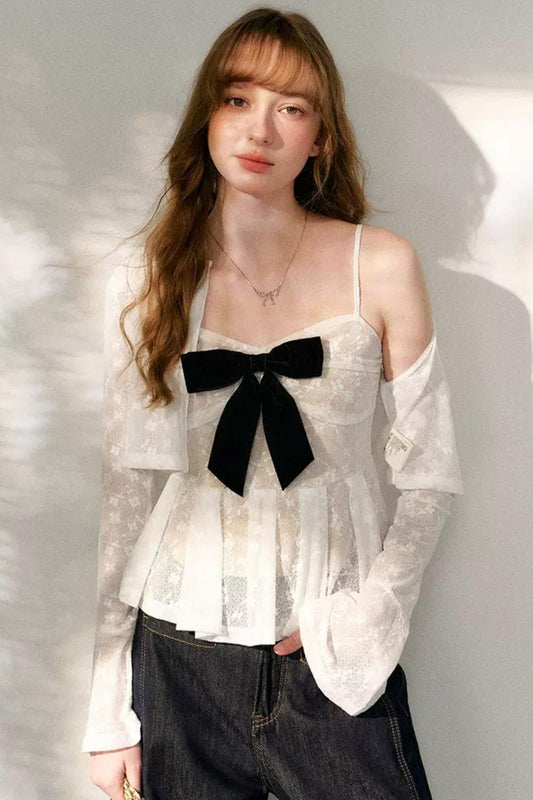 화이트 레이스 플레어 리본 가디건 세트업