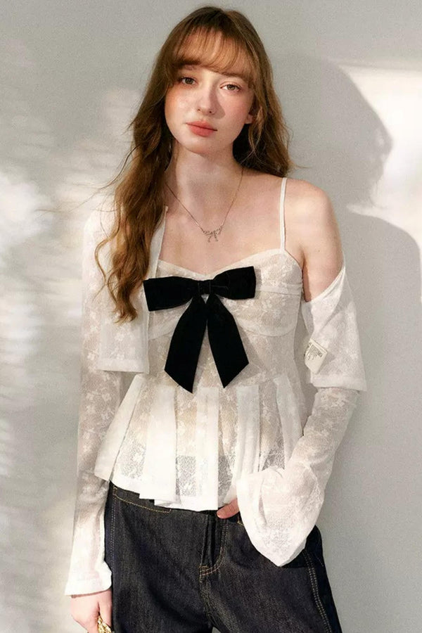 White Lace Flared Bow Cardigan Set-Up