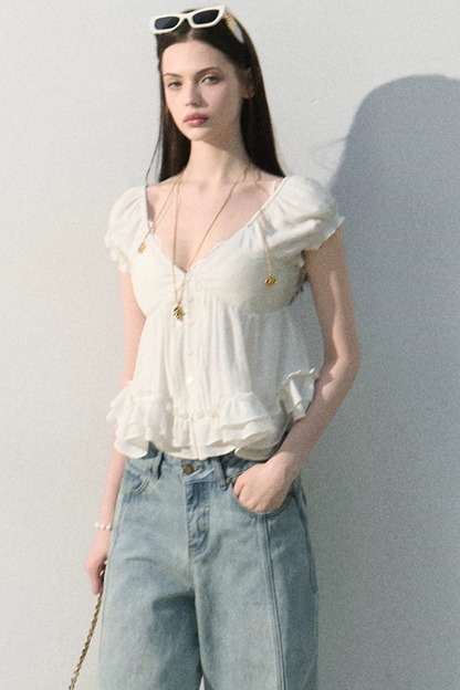 Lyocell Linen Ruffled Blouse