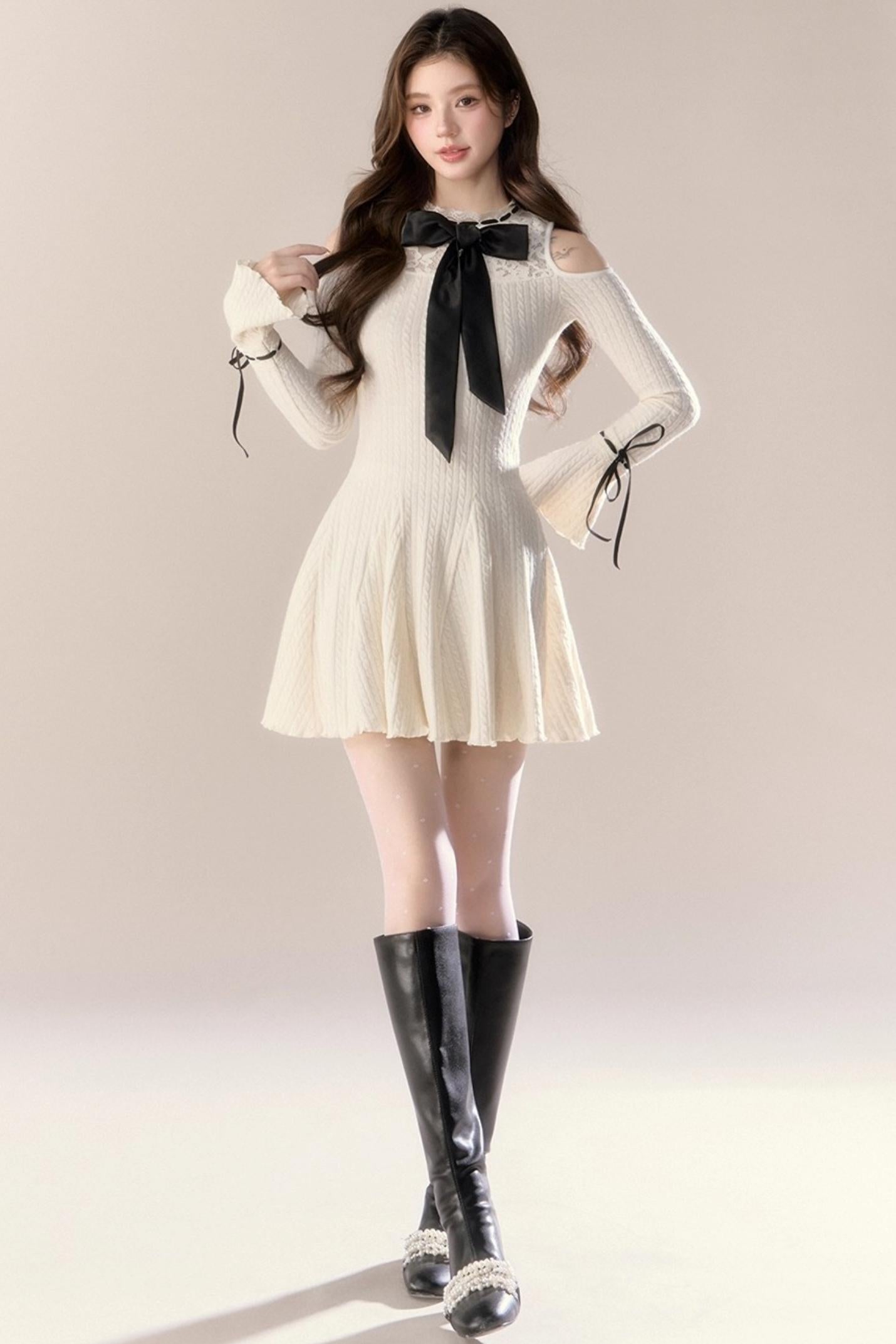 French Knitted Long-Sleeved Dress