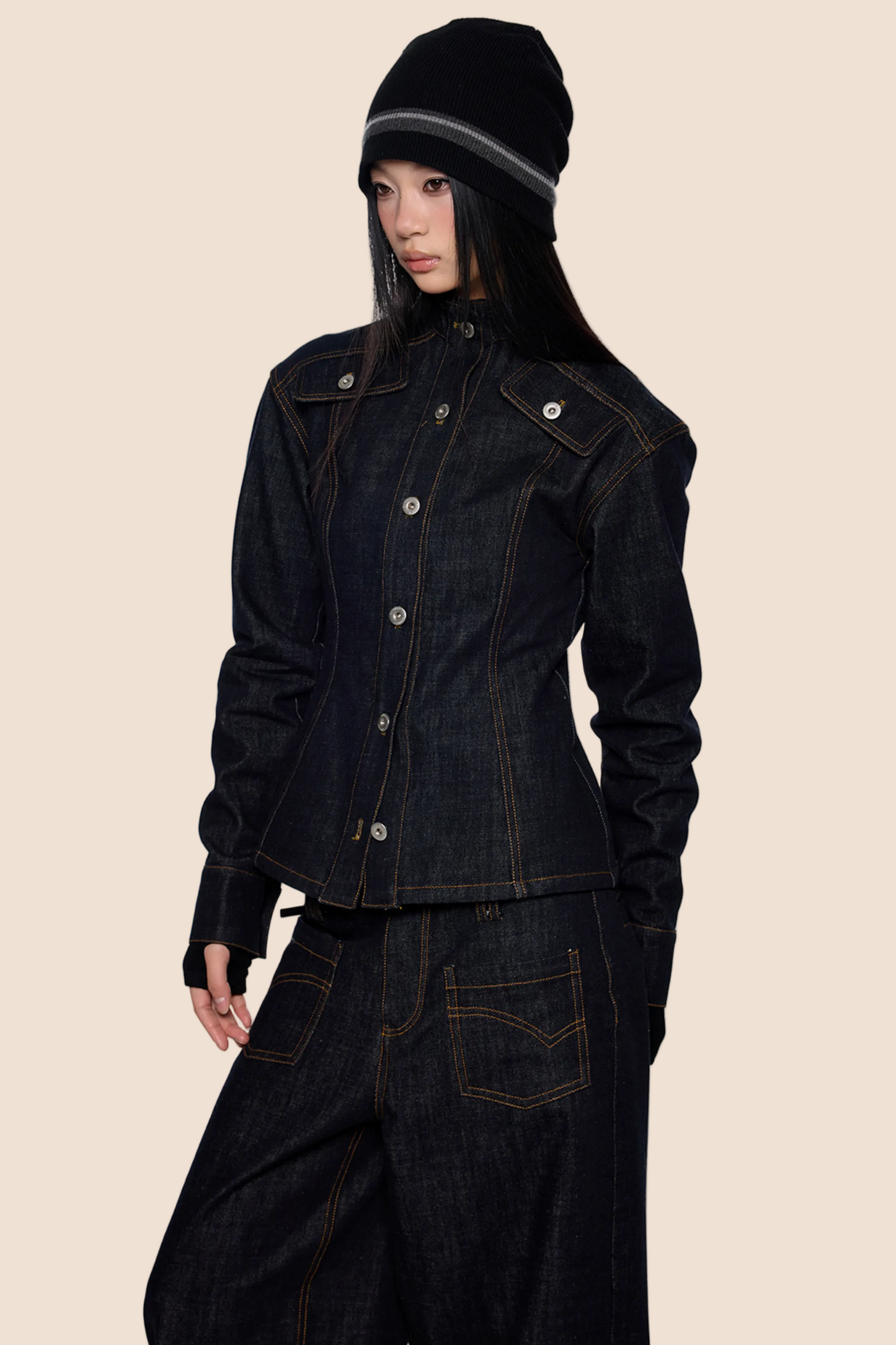 Wide-Shoulder Denim Jacket Set-Up